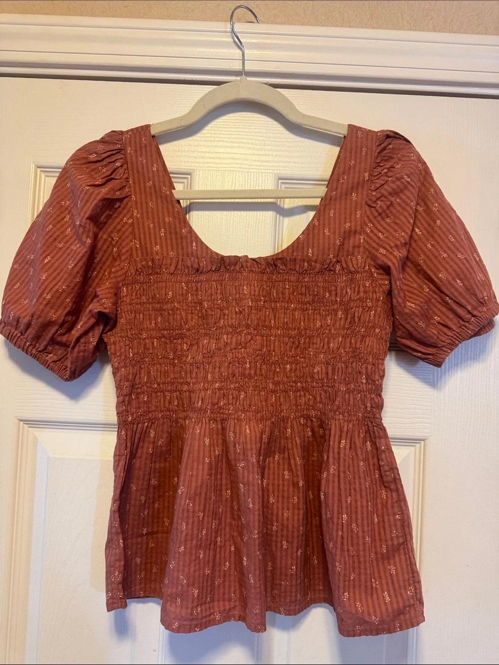 MADEWELL Smocked Square Neck Peasant Top - Rust with Cream design